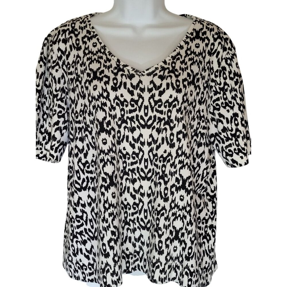 Chicos Top Womens 2 Geometric Short‎ Sleeve Black White V- Neck